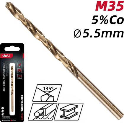 Сверло по металлу Deli RS EDH-MHZ055-E2, 5.5 мм, DIN 338, HSCo 5% - 2 Сверло по металлу Deli RS EDH-MHZ055-E2, 5.5 мм, DIN 338, HSCo 5% - 2