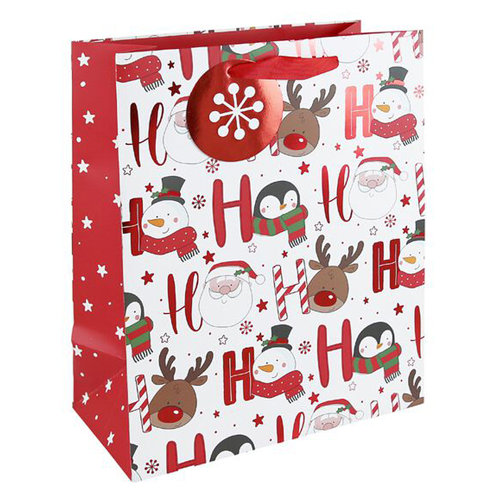 Пакет бумажный подарочный "HOHOHO", 26.5x14x33 см, белый, красный