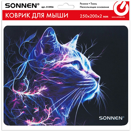 Коврик для мыши "Neon Cat", 250х200х2 мм, ткань, черный - 6
