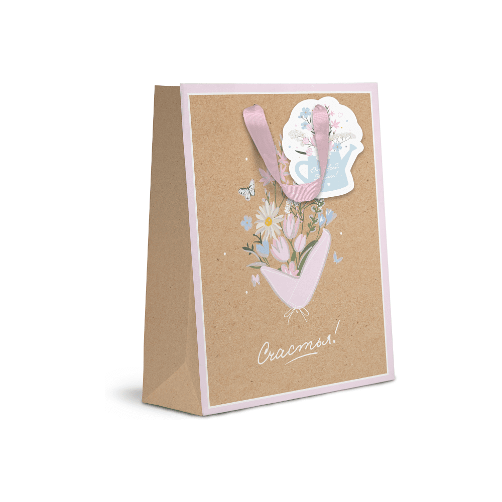 Пакет бумажный подарочный "Spring Flowers", 26.5х32х12.5 см, крафт, ассорти - 3