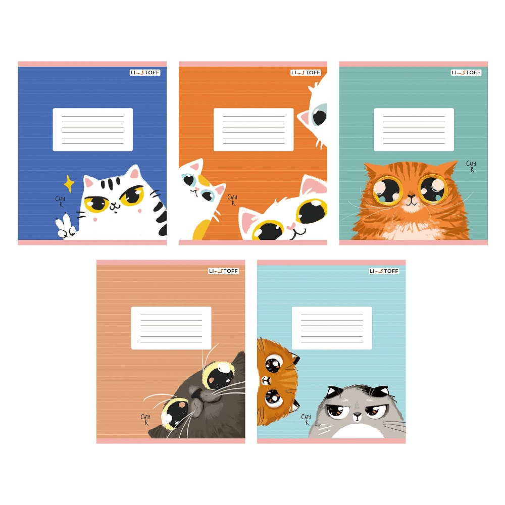 Тетрадь "Пушистые коты (Универсальная плашка)", А5, 12 листов, линейка, ассорти 