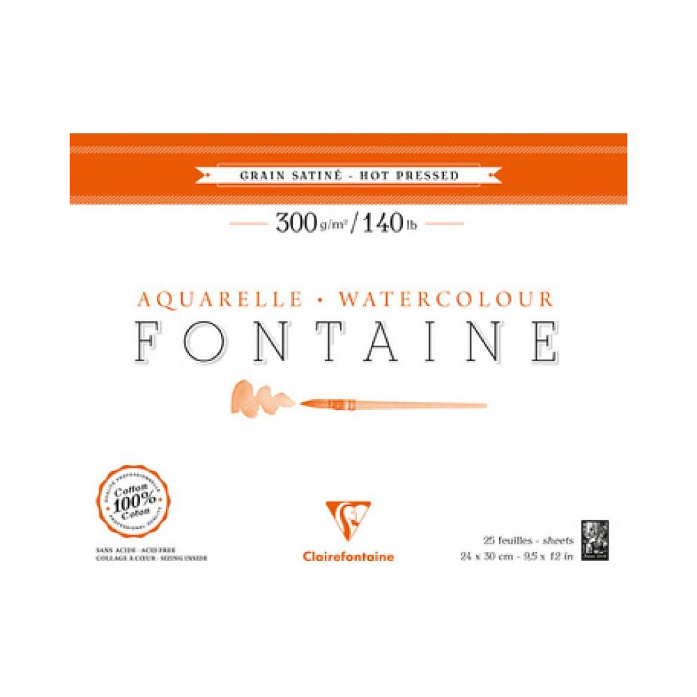 Блок-склейка бумаги для акварели FONTAINE, 100% хлопок, горячее прессование, 26×36, 300 г/м² , 20 л