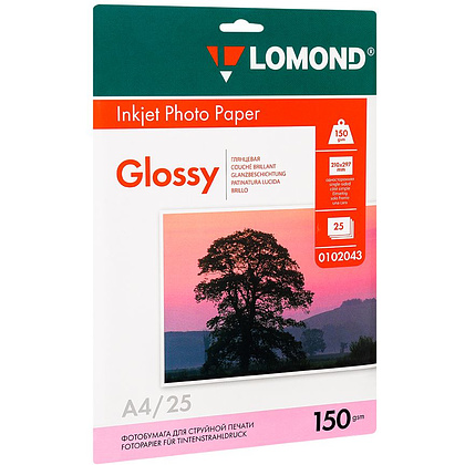 Фотобумага глянцевая для струйной фотопечати "Lomond", A4, 25 листов, 150 г/м2