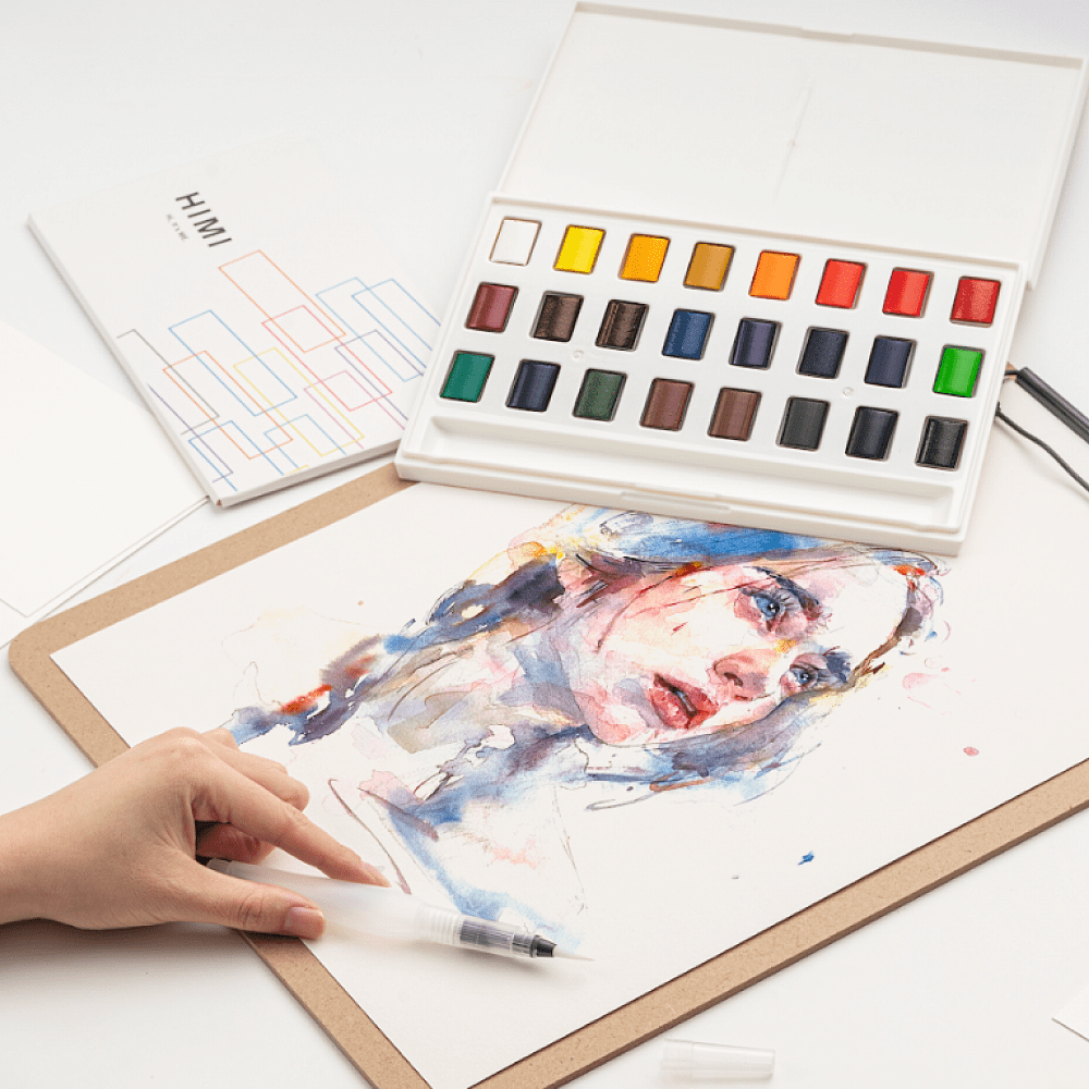 Набор для рисования акварелью "Himi New" (краски, 36 цветов, кисть, блок для акварели, карандаш 2 шт., лайнер, стакан для воды, ластик), белый футляр - 4