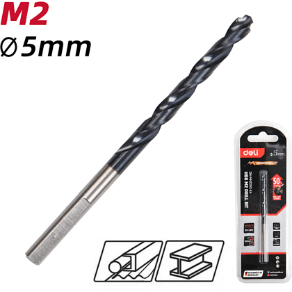 Сверло по металлу Deli RS EDH-MHZ050-E4, 5.0 мм, DIN 338, HSS-TiN - 3 Сверло по металлу Deli RS EDH-MHZ050-E4, 5.0 мм, DIN 338, HSS-TiN - 3