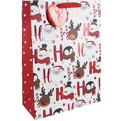 Пакет бумажный подарочный "HOHOHO", 33x15x45.5 см, белый, красный