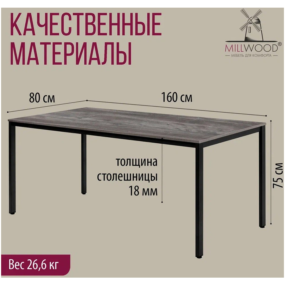 Стол Millwood Сеул, 1600х800 мм, сосна пасадена, черный - 4