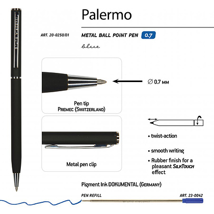 Ручка шариковая автоматическая "Palermo", 0.7 мм, черный, серебристый, стерж. синий - 2