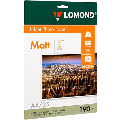 Фотобумага матовая для струйной фотопечати "Lomond", A4, 25 листов, 190 г/м2