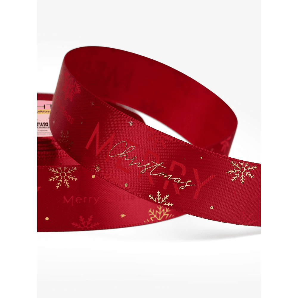 Лента атласная декоративная "Merry Christmas", 25 мм, 23±1 м, красный, золотой - 2