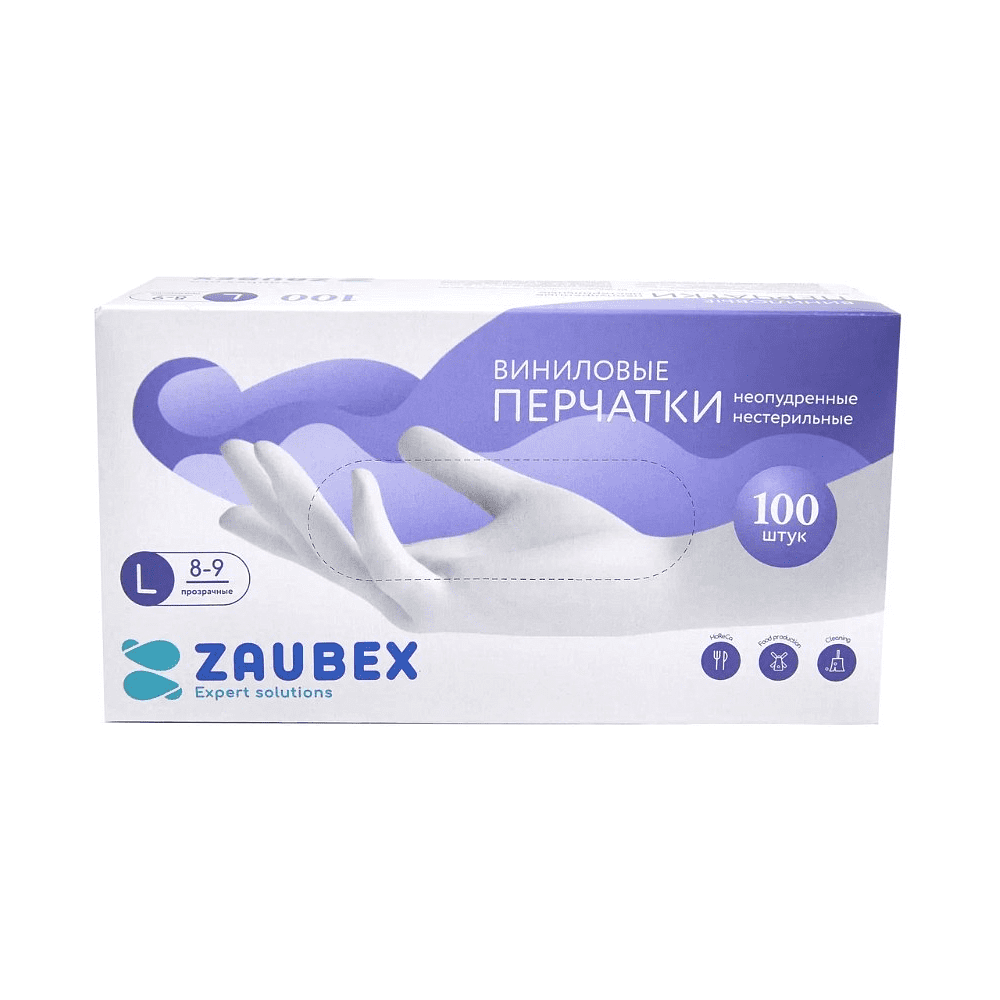 Перчатки виниловые Zaubex, одноразовые, р-р L, 100 шт/уп, прозрачный, -30%