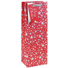 Пакет бумажный подарочный "Xmas Silver stars" для бутылки, 12.7x9x35.5 см, красный