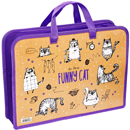 Папка для тетрадей с ручками "Funny cat", А4, молния, пластик, разноцветный
