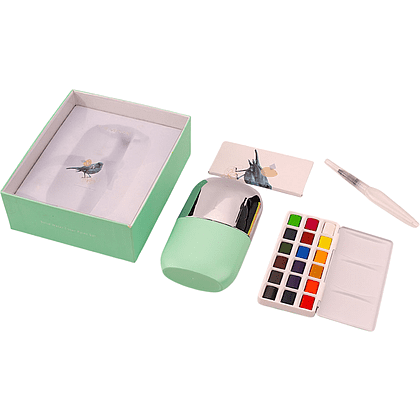 Набор для рисования акварелью "Himi Miya" (краски 18 цветов, кисть, бумага, стакан), зеленый футляр