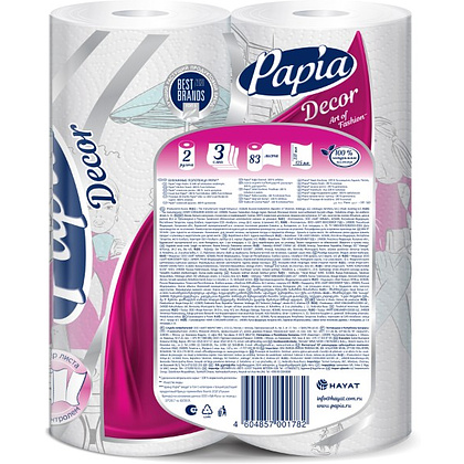 Полотенца бумажные Papia Decor, в рулонах, 10,3 м, 3 слоя, 2 рулона, 100% целлюлоза - 2