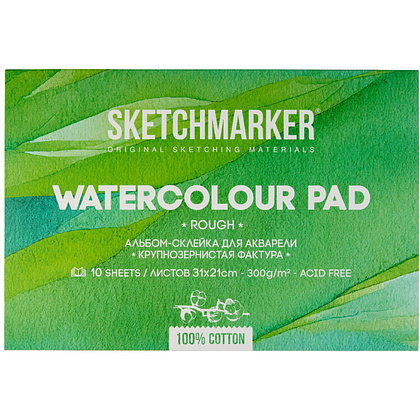 Блок бумаги для акварели "Sketchmarker", А4, 300 г/м2, 10 листов, крупнозернистая