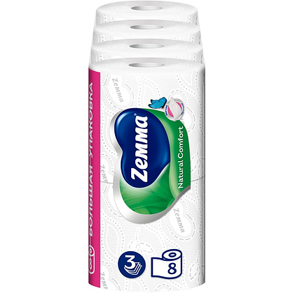 Бумага туалетная Zemma Natural Comfort, 8 рулонов, 3 слоя, белый - 3