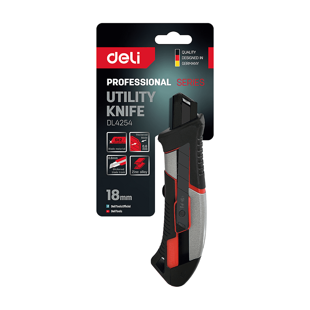 Нож строительный Deli YS DL4254, 18 мм, прорезиненная рукоятка, серебристый, черный - 6