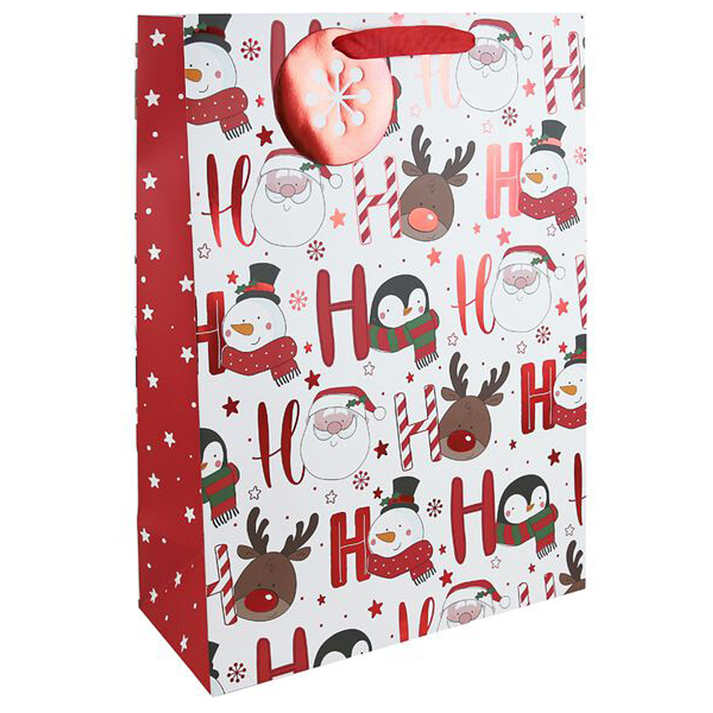 Пакет бумажный подарочный "HOHOHO", 33x15x45.5 см, белый, красный