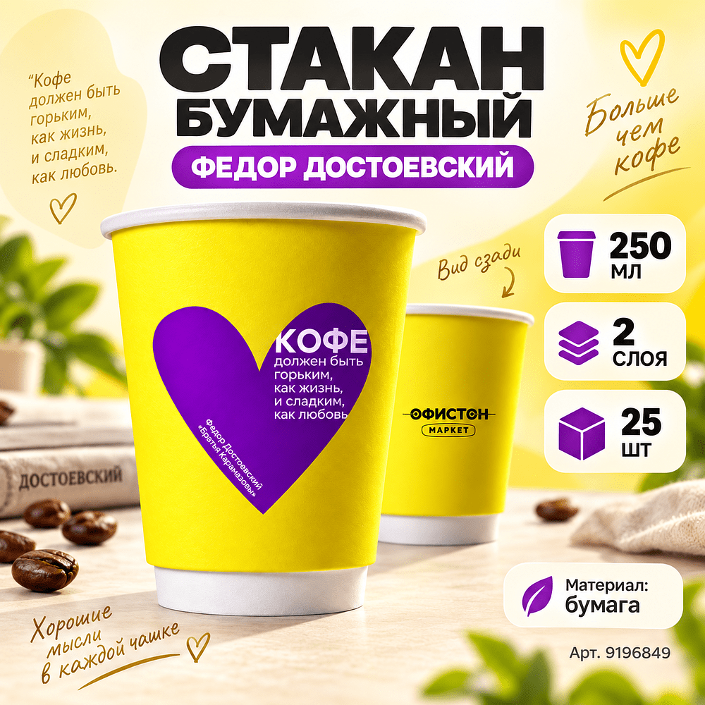 Стакан бумажный "Федор Достоевский", 250 мл, желтый