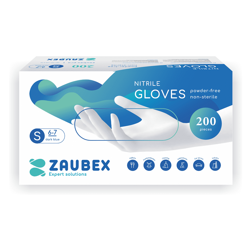 Перчатки нитриловые неопудренные одноразовые "Zaubex", р-р S, 200 шт/упак, голубой