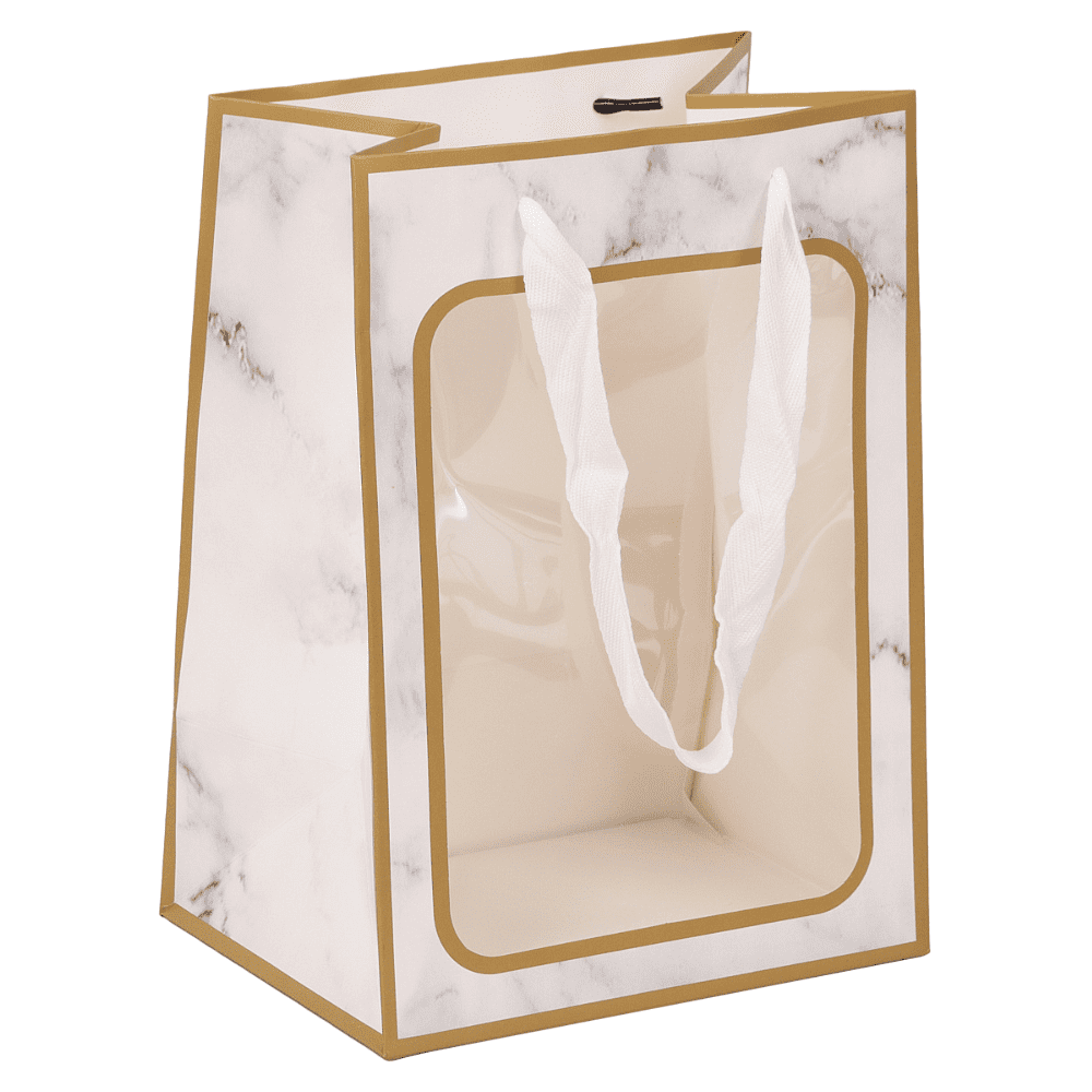 Пакет бумажный подарочный "232238", 18х25х13 см, с окном, белый мрамор