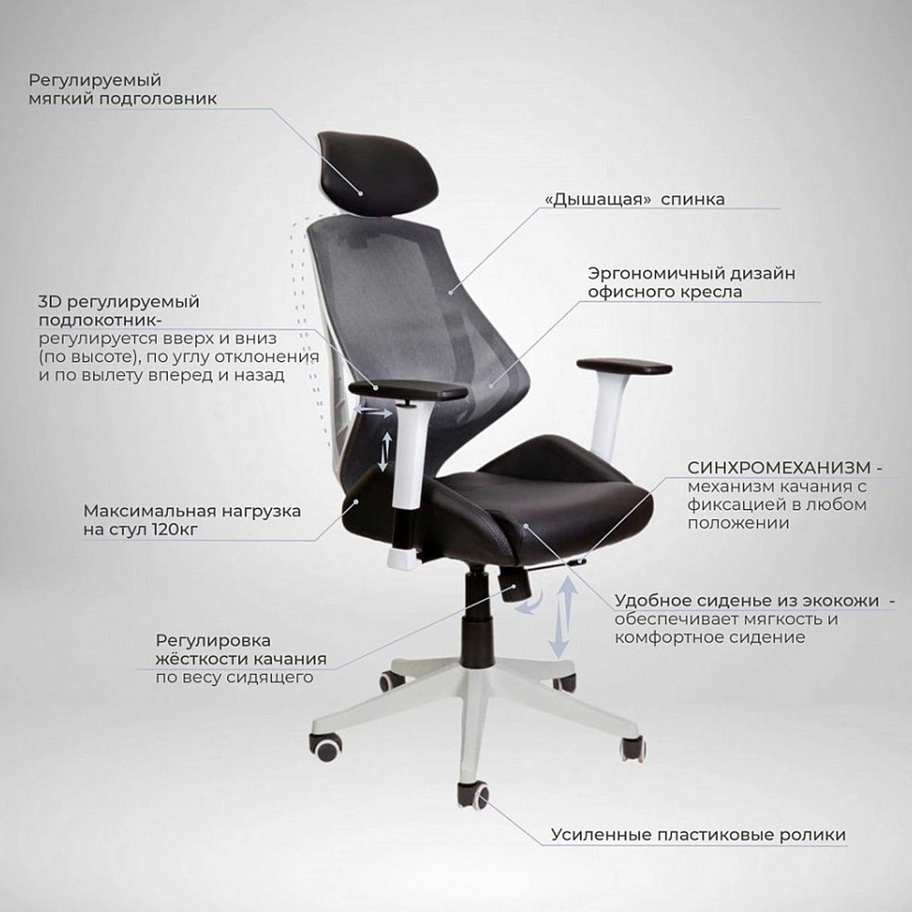 Кресло для руководителя "SPACE", ткань, сетка, экокожа, черный, серый - 5