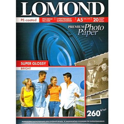 Фотобумага суперглянцевая ярко-белая для струйной фотопечати "Lomond", А4, 20 листов, 270 г/м2