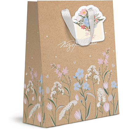 Пакет бумажный подарочный "Spring Flowers", 26.5х32х12.5 см, крафт, ассорти - 2