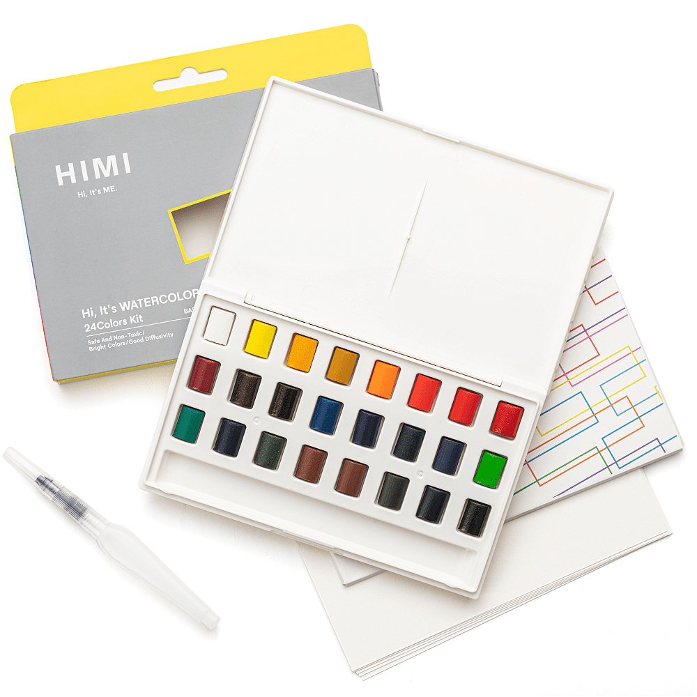 Набор для рисования акварелью "Himi New" (краски 24 цвета, кисть, блок для акварели), белый футляр