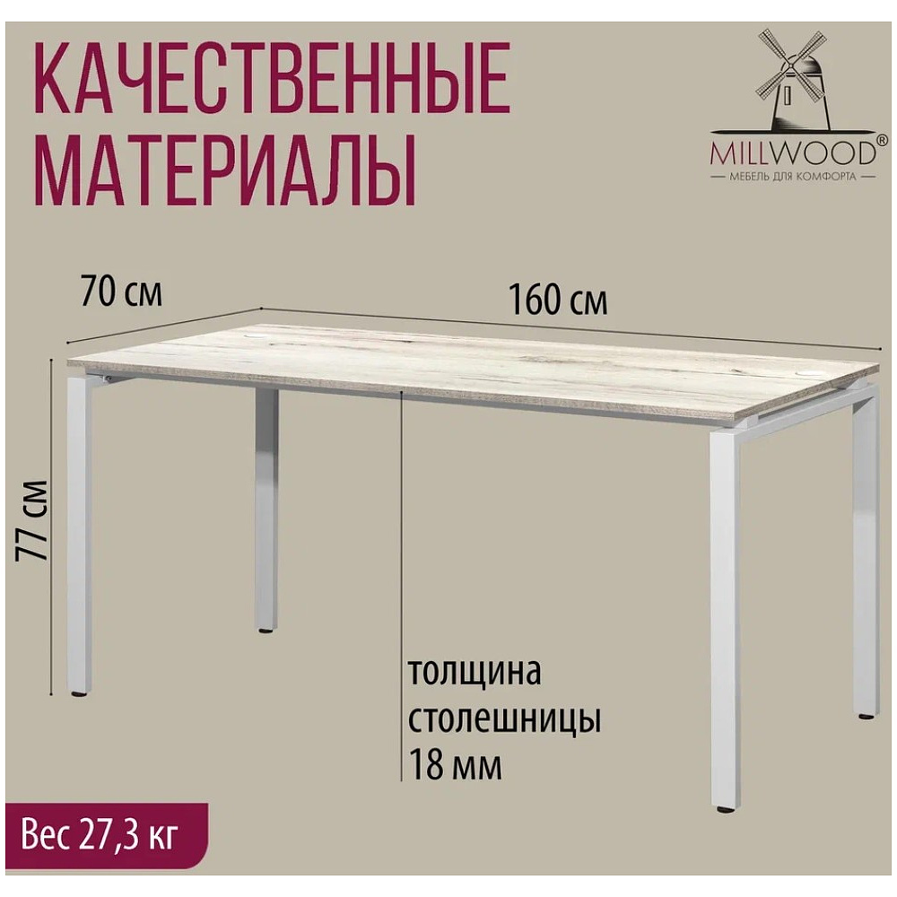 Стол письменный Millwood Лофт Сиэтл (ДТ-5), 1600х700 мм, дуб белый крафт, белый - 5