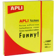 Бумага для заметок на клейкой основе "Funny notes", 75x75 мм, 100 листов, флуоресцентный желтый