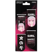 Закладка для книг "Happy Anime", 25x55 мм, на магните, черный, розовый, 4 шт