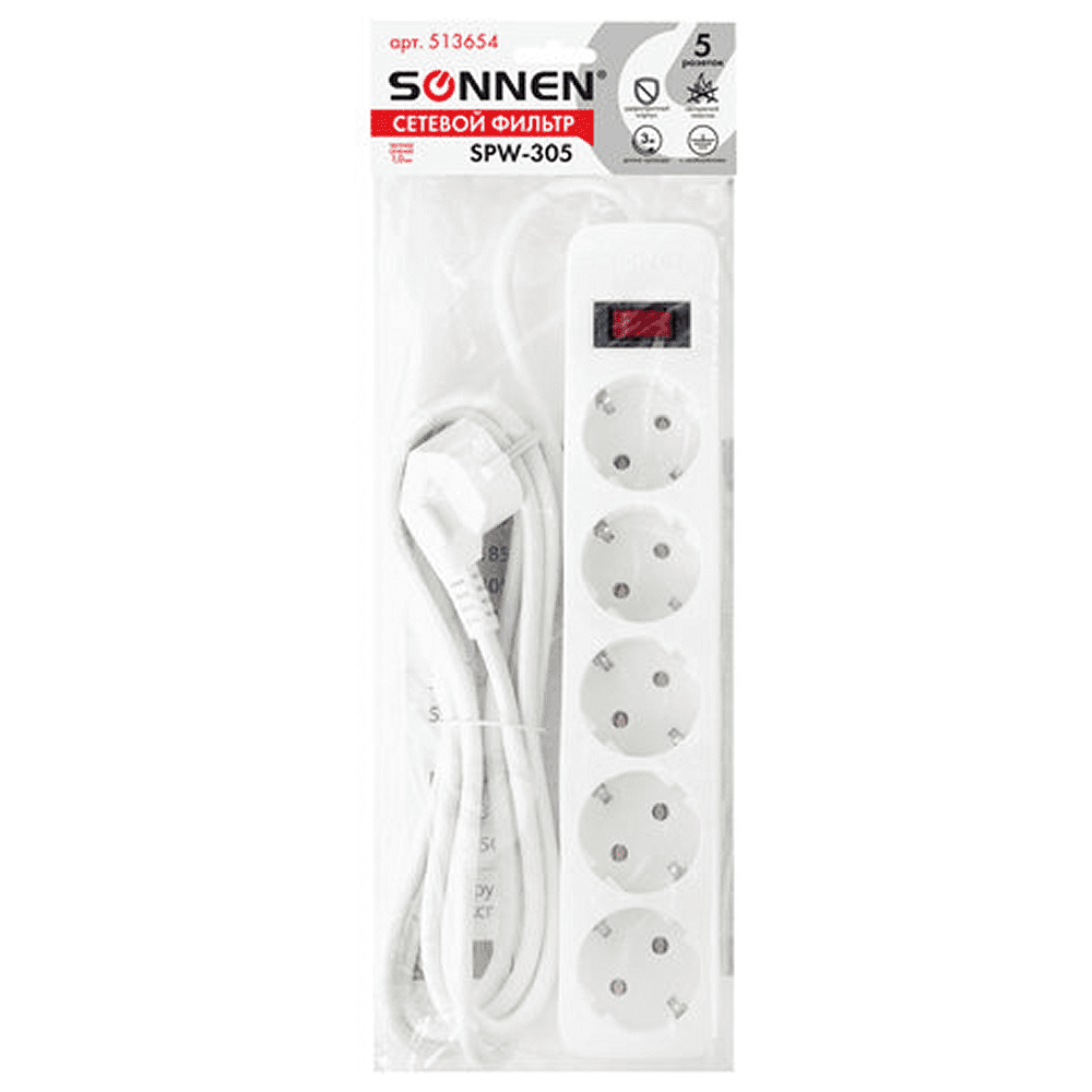 Сетевой фильтр Sonnen SPW-305, 3 м, 5 розеток, белый - 8