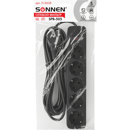 Сетевой фильтр Sonnen SPB-505, 5 м, 5 розеток, черный - 7