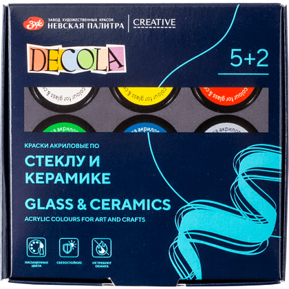 Краска акриловая по стеклу и керамике "Декола", набор 5 цветов, 20 мл, контур 2 шт., разбавитель