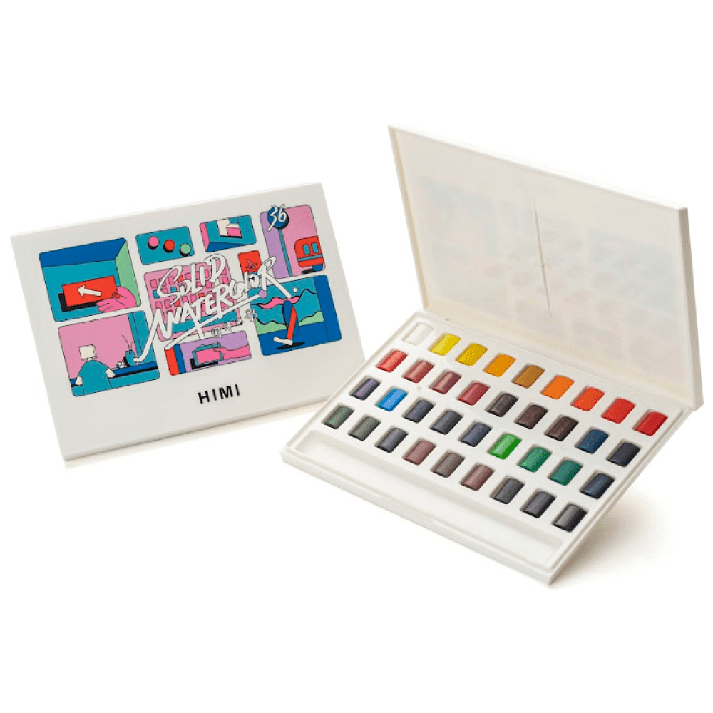 Набор для рисования акварелью "Himi New" (краски, 36 цветов, кисть, блок для акварели, карандаш 2 шт., лайнер, стакан для воды, ластик), белый футляр - 7