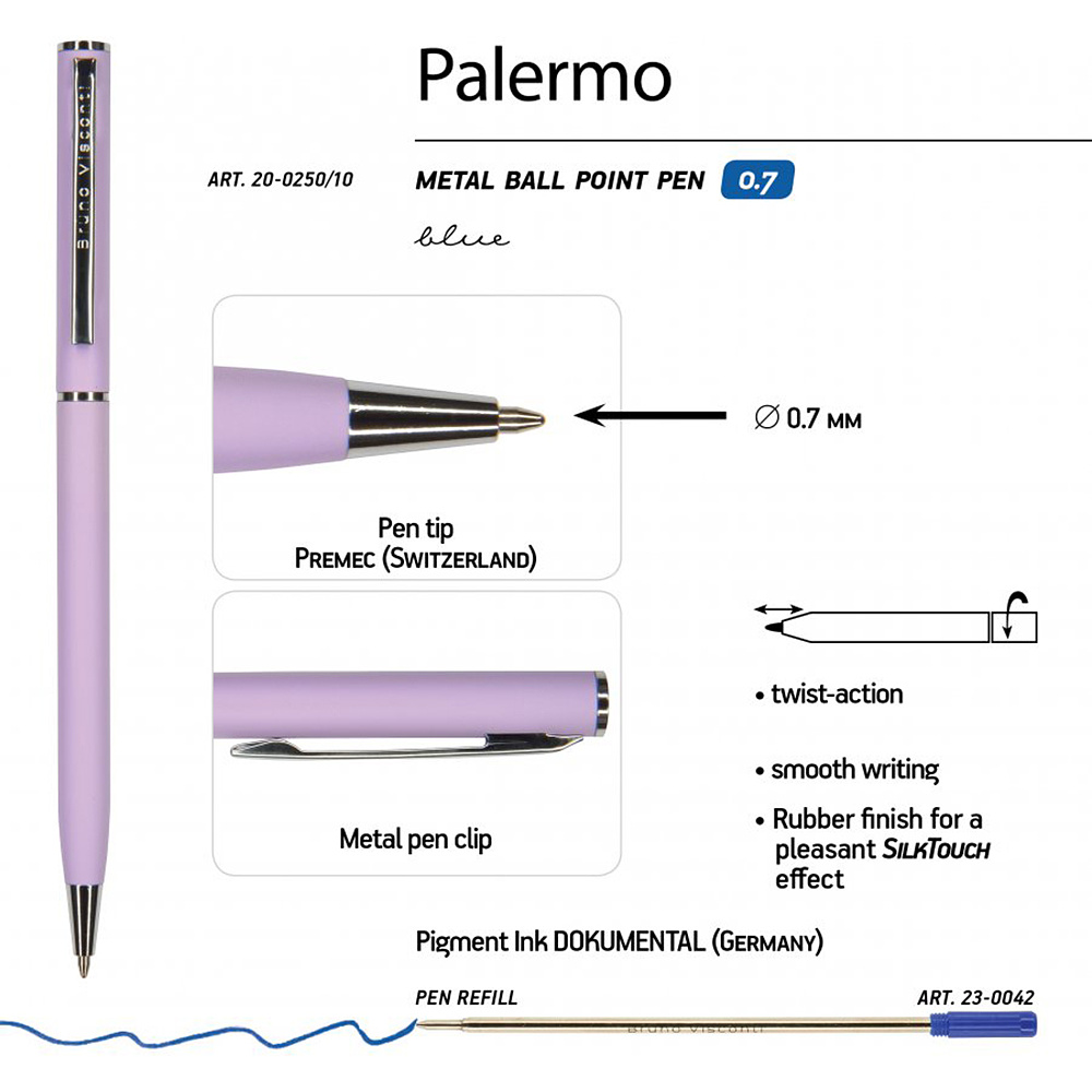 Ручка шариковая автоматическая "Palermo", 0.7 мм, сиреневый, серебристый, стерж. синий - 2