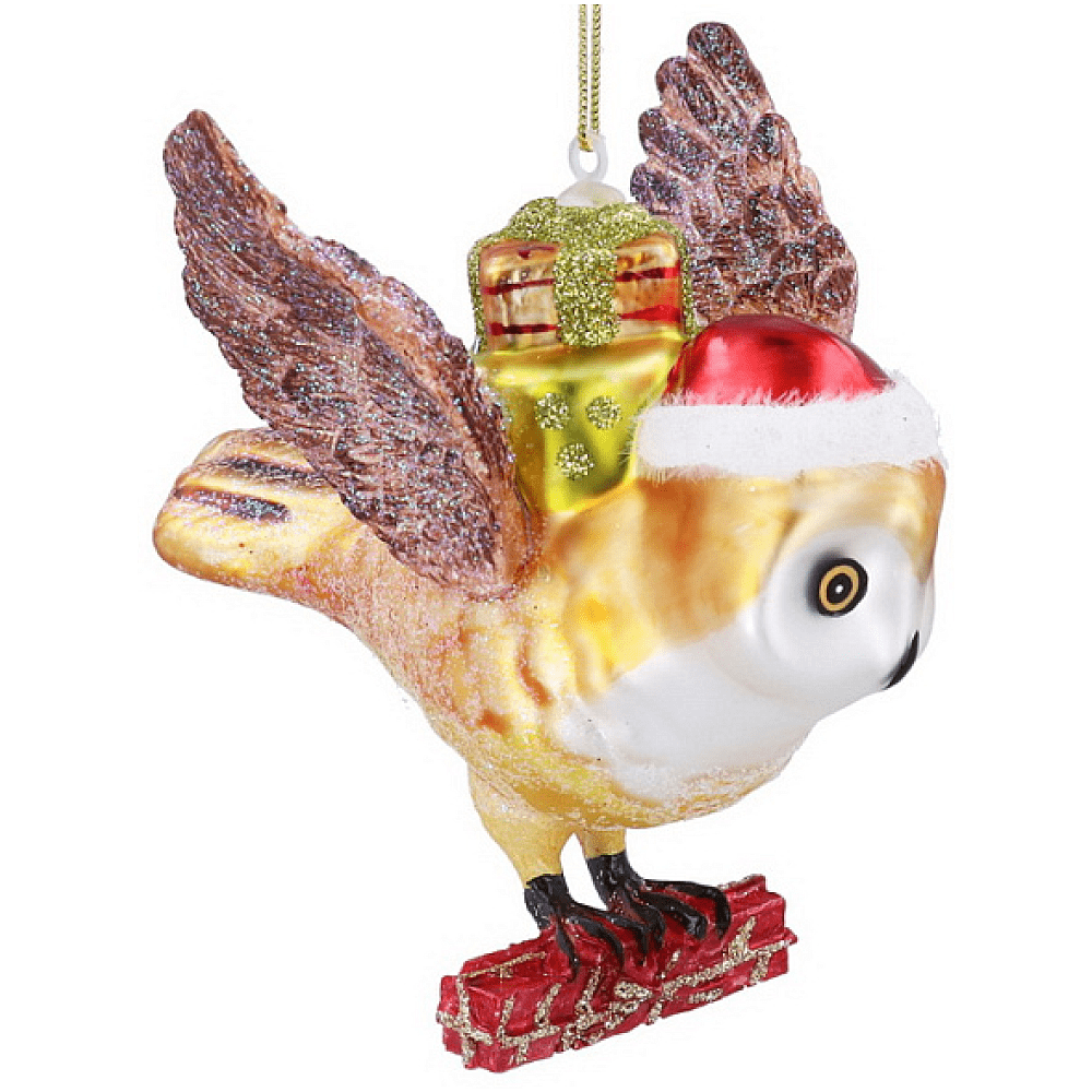 Украшение елочное "Сова с подарками", 10 см, стекло, разноцветный