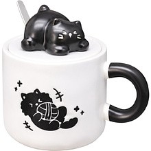 Кружка керамическая "Игривый кот" с крышкой и ложкой, 380 мл, белый, черный
