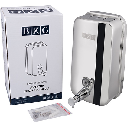 Диспенсер для жидкого мыла BXG "SD H1-1000", 1 л, ручной, металл, серебристый, глянцевый - 6