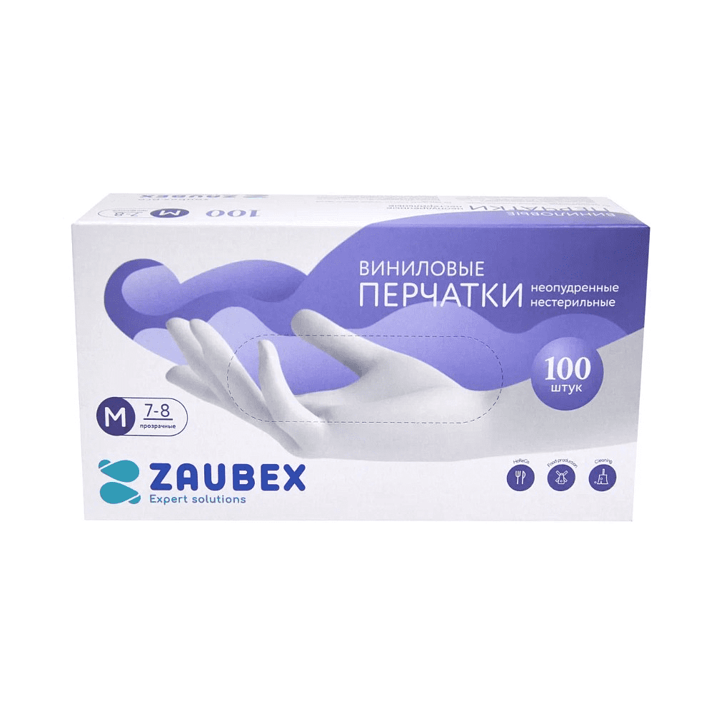 Перчатки виниловые Zaubex, одноразовые, р-р M, 100 шт/уп, прозрачный, -30%
