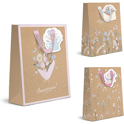 Пакет бумажный подарочный "Spring Flowers", 26.5х32х12.5 см, крафт, ассорти