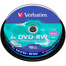Диск Verbatim, DVD-RW, 4.7 гб, круглый бокс, 10 шт