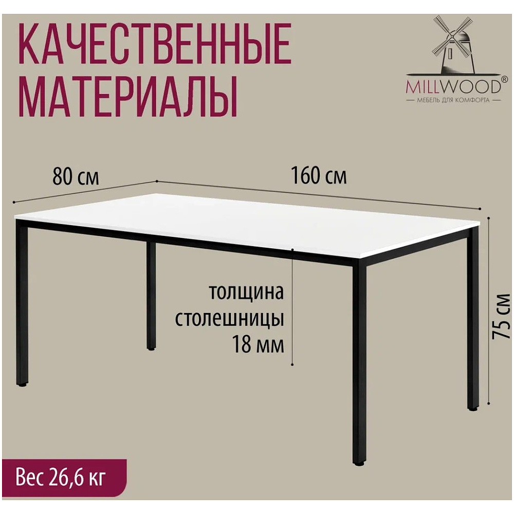 Стол Millwood Сеул, 1600х800 мм, белый, черный - 4