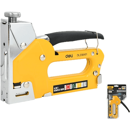 Степлер скобозабивной Deli EDL238401, 4-в-1 + скоба, желтый