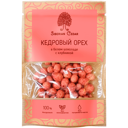 Конфеты "Сибирский кедр", ядро кедрового ореха в белом шоколаде с клубникой, 60 гр.