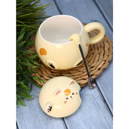 Кружка с крышкой "Chubby cat", 460 мл., керамика, с ложкой, желтый - 5 Кружка с крышкой "Chubby cat", 460 мл., керамика, с ложкой, желтый - 5