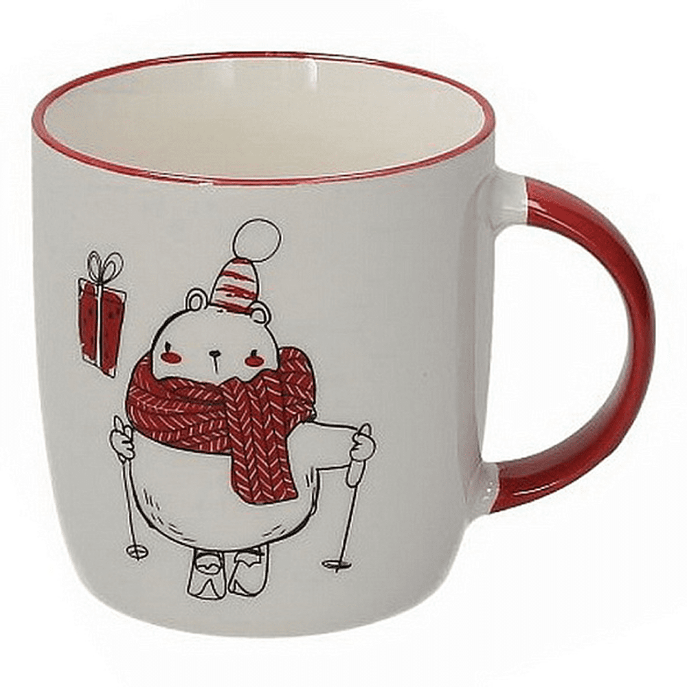 Кружка фарфоровая "Медвежонок на лыжах", 350 мл, белый, красный