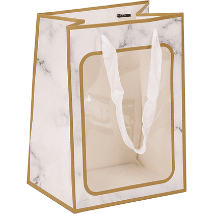 Пакет бумажный подарочный "232238", 18х25х13 см, с окном, белый мрамор